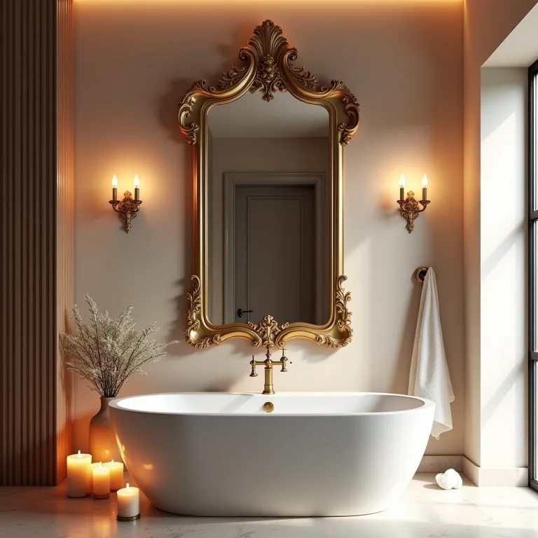 Banheiro sofisticado com espelho veneziano acima da banheira