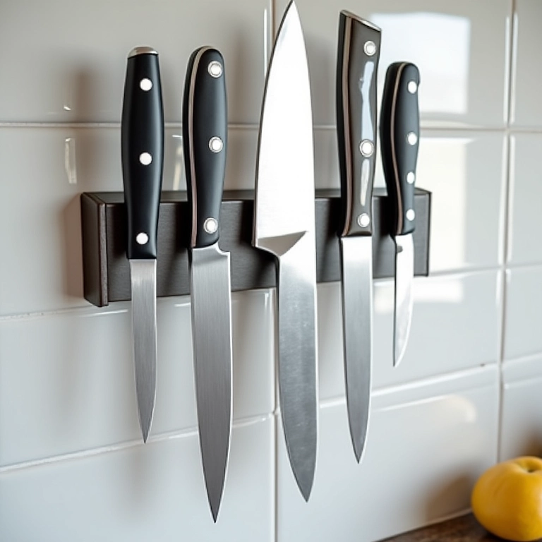 Barra magnética para facas em cozinha minimalista.
