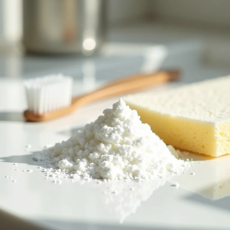 Bicarbonato de sódio e acessórios de limpeza em uma bancada de banheiro.