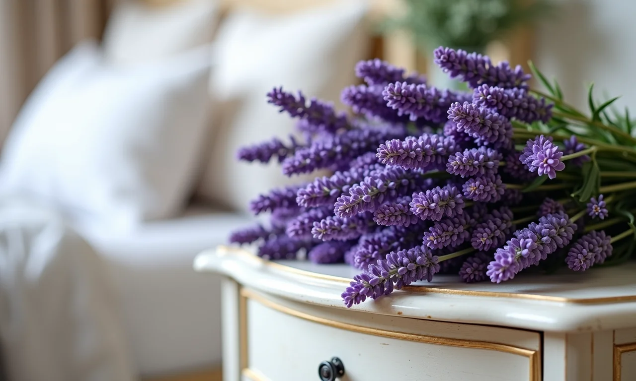 Bouquet de lavanda fresca em criado-mudo provençal.