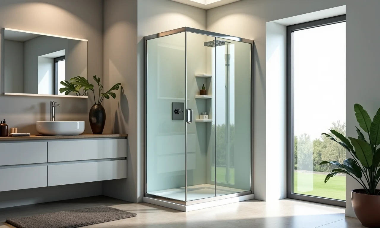 Box de canto aproveitando espaço em banheiro compacto.