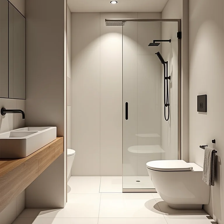 Box de chuveiro básico e antiquado, destoando do visual do banheiro.