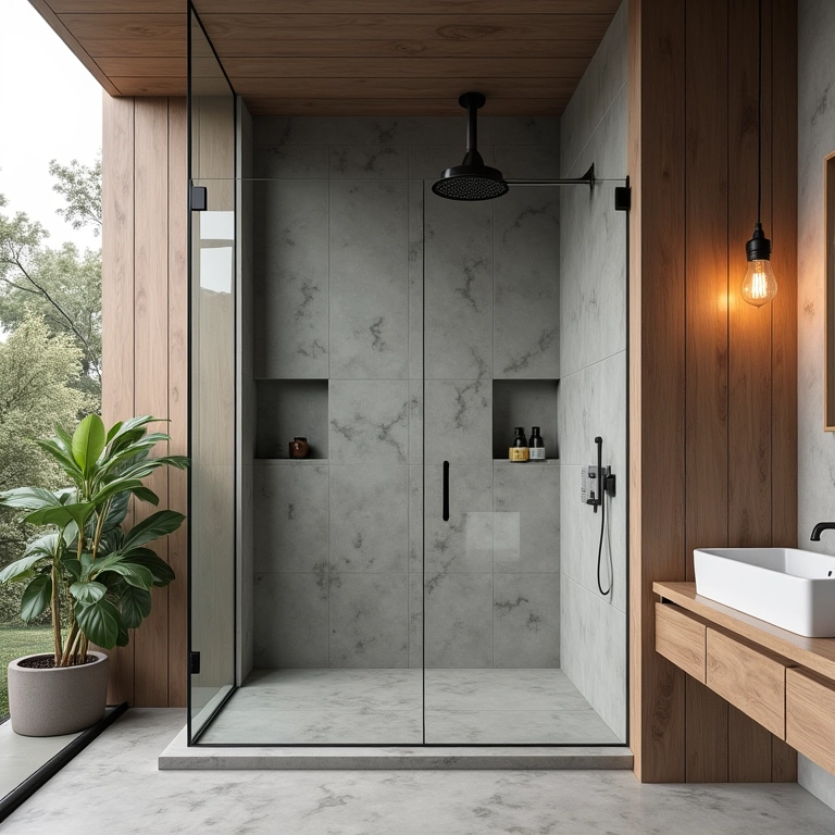 Box de vidro com detalhes em madeira em banheiro rústico.