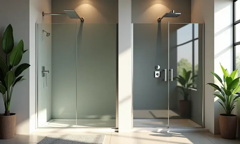 Box de vidro fumê e transparente em banheiro moderno com iluminação natural.