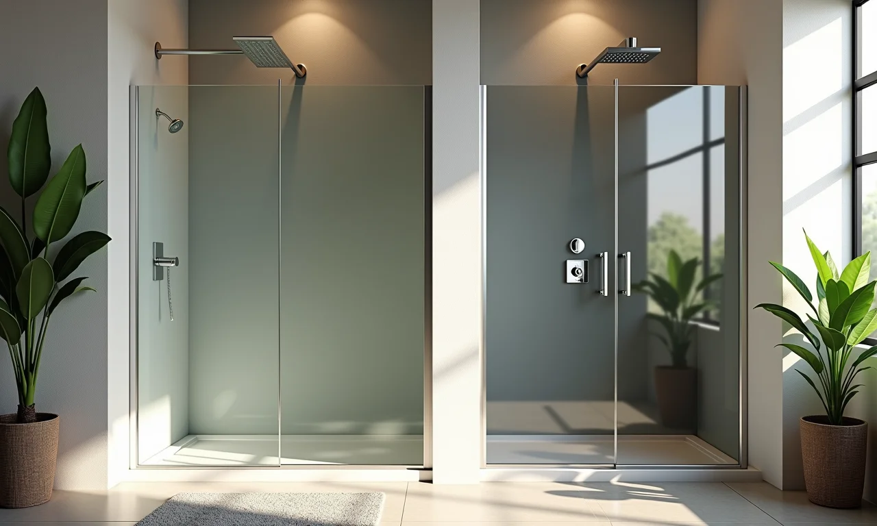 Box de vidro fumê e transparente em banheiro moderno com iluminação natural.