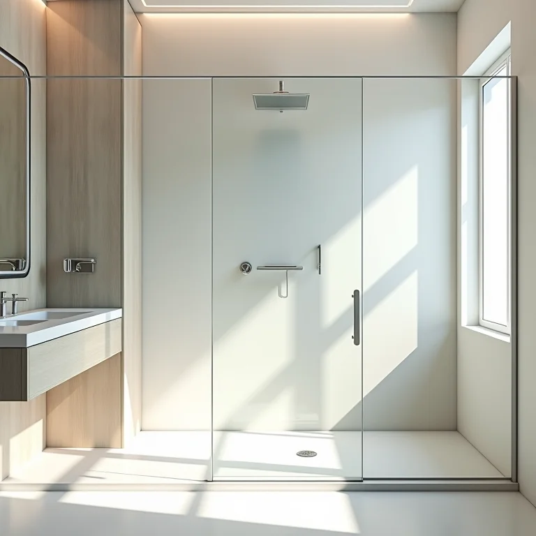 Box frontal amplo com design elegante em um banheiro espaçoso