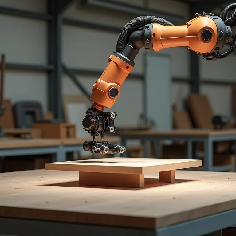 Braço robótico montando móvel em oficina moderna