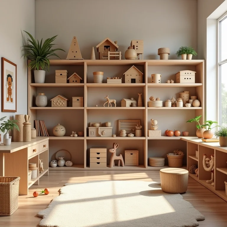 Brinquedos desorganizados em um quarto montessoriano, criando caos visual.