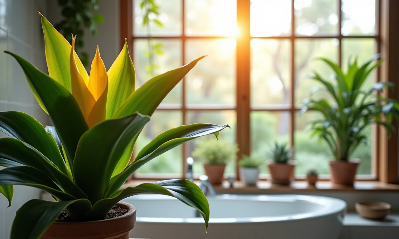 Bromélia em um banheiro bem iluminado.