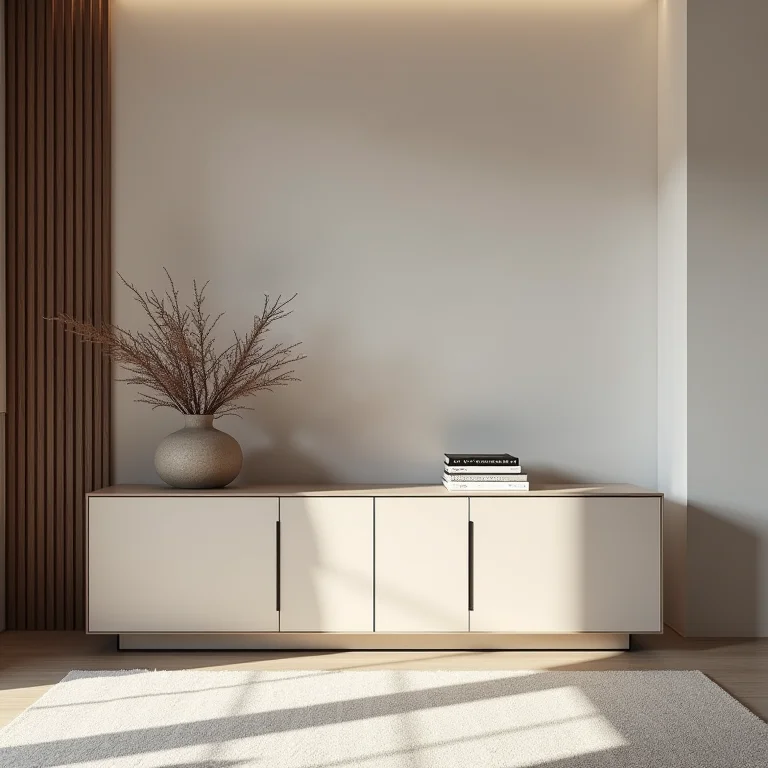 Buffet laqueado em sala de estar moderna.