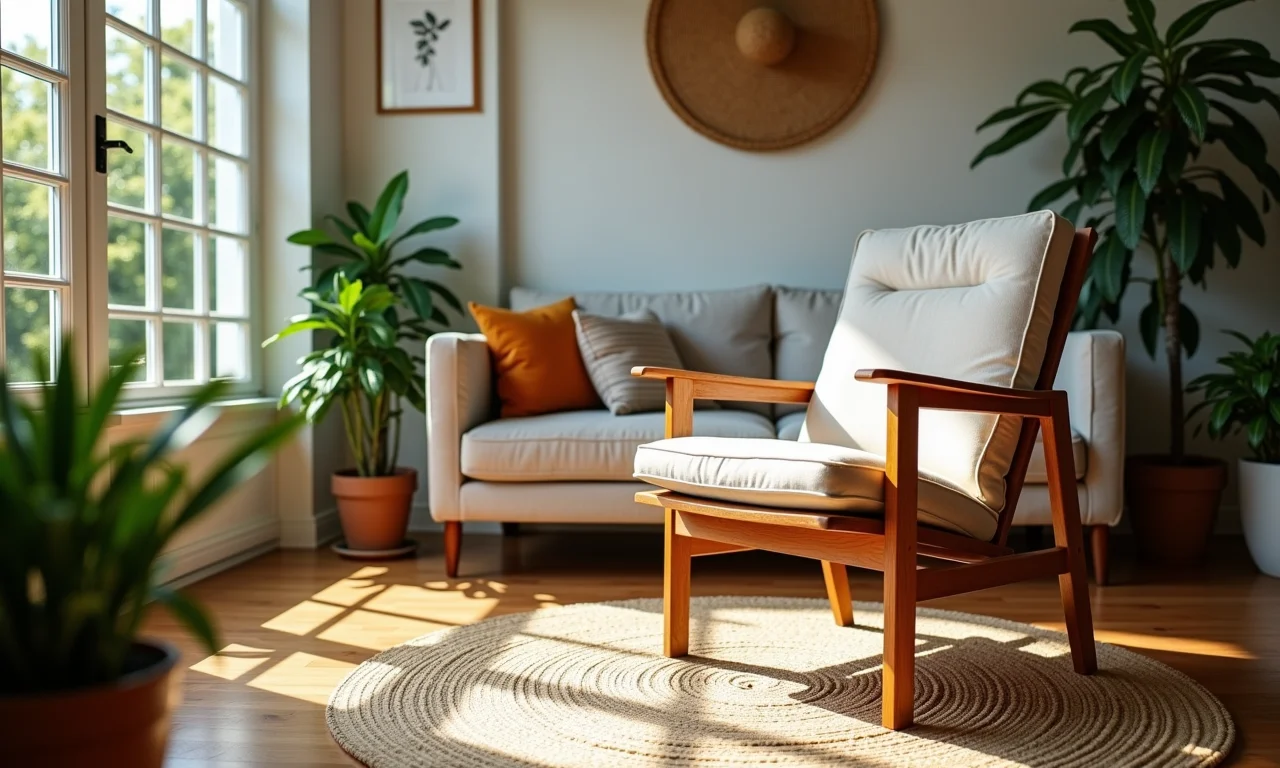 Cadeira de madeira restaurada com design vintage em ambiente moderno e iluminado.