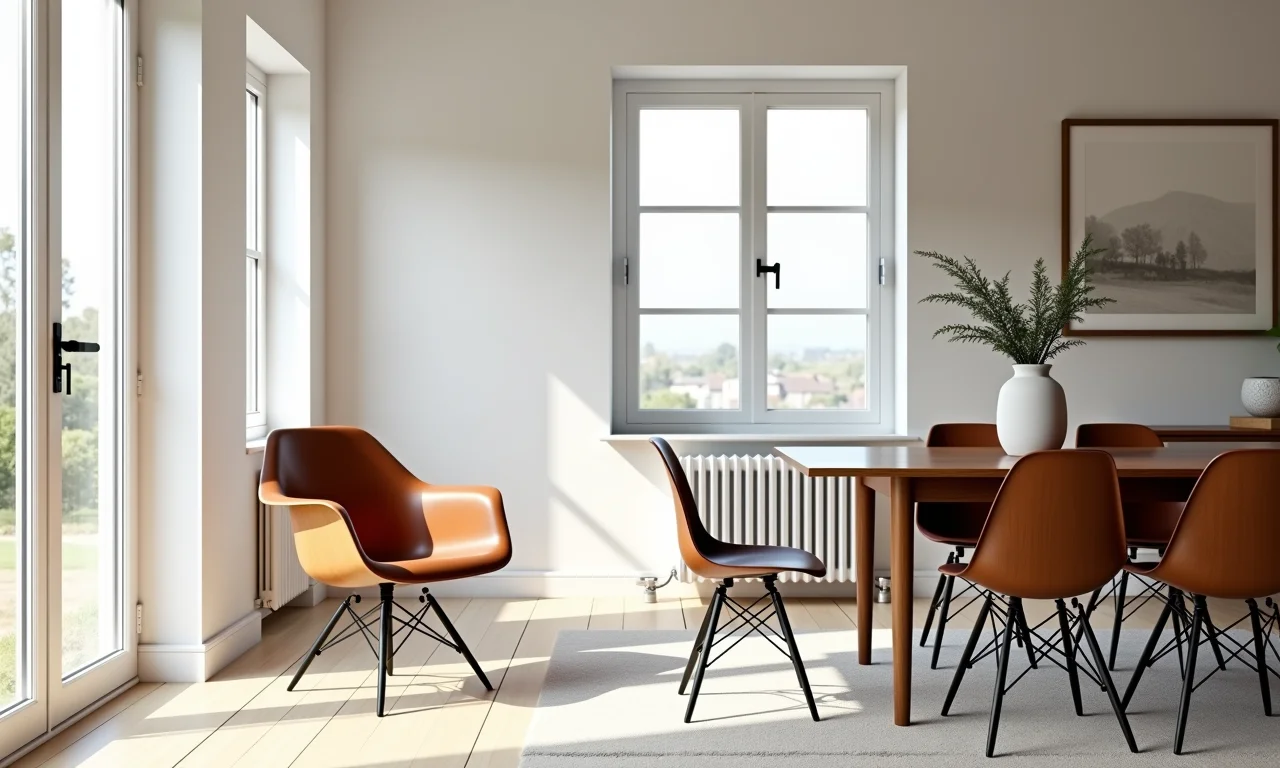 Cadeira Eames: design atemporal em sala de jantar iluminada.