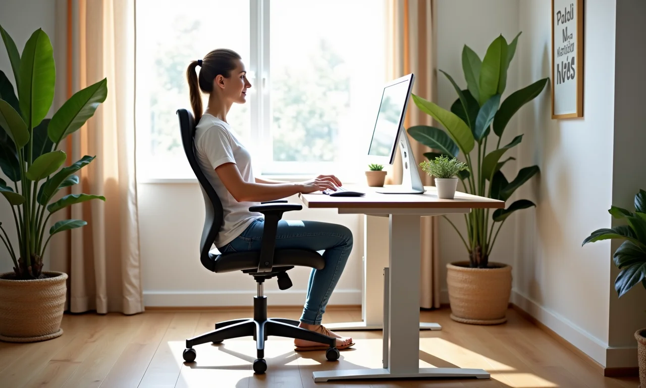 Cadeira ergonômica e mesa ajustável para um home office confortável e saudável.