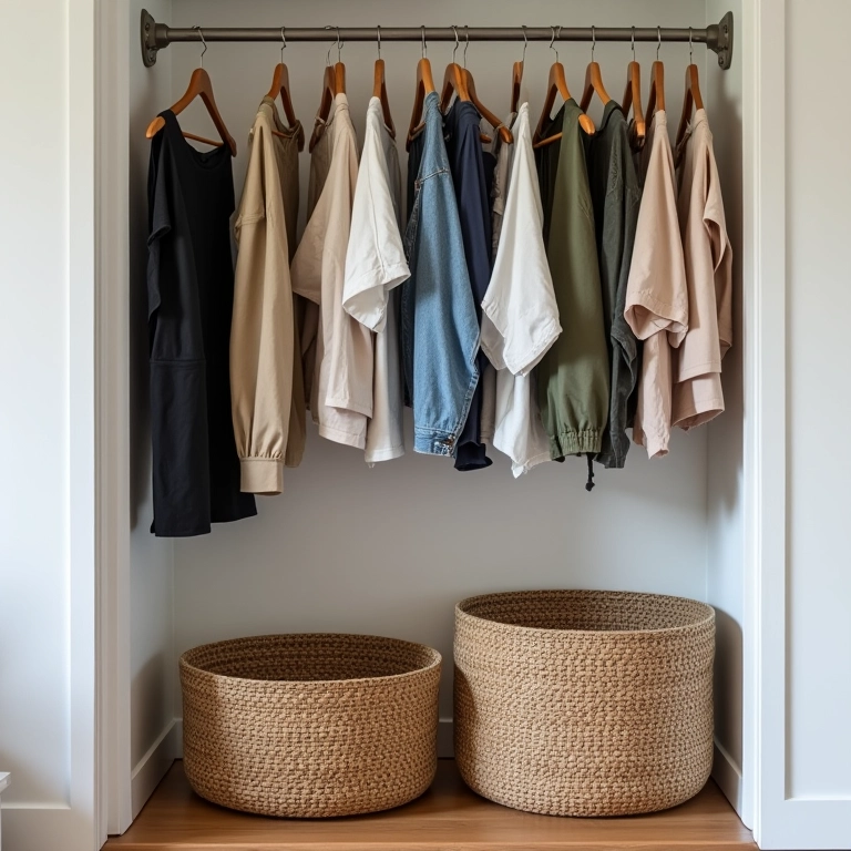 Caixas e cestos organizadores em closet com arara.