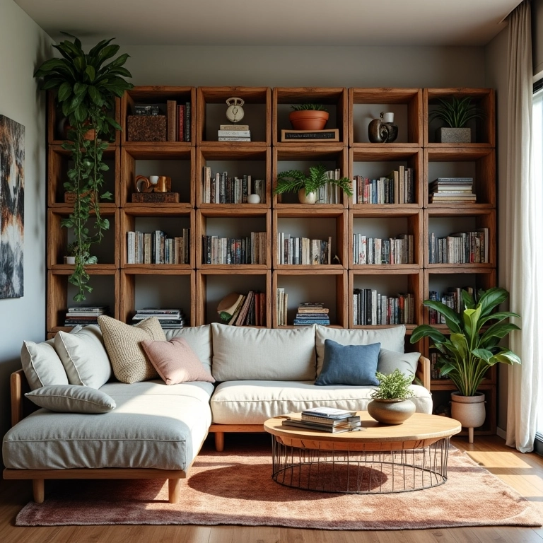 Caixotes de feira repaginados como estantes em sala.