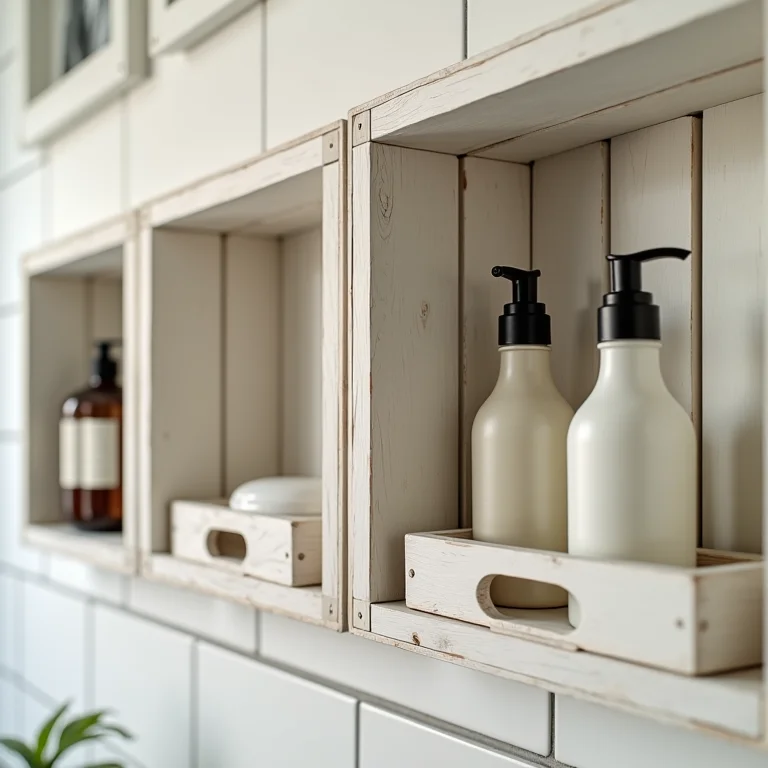 Caixotes de feira repaginados como nichos em um banheiro