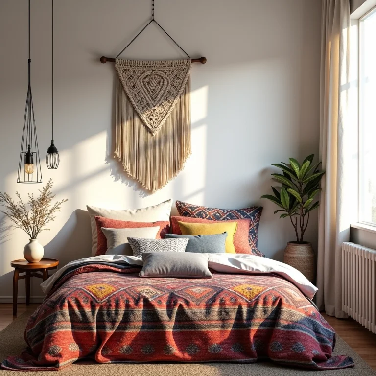 Cama com colcha colorida e almofadas estampadas em quarto boho