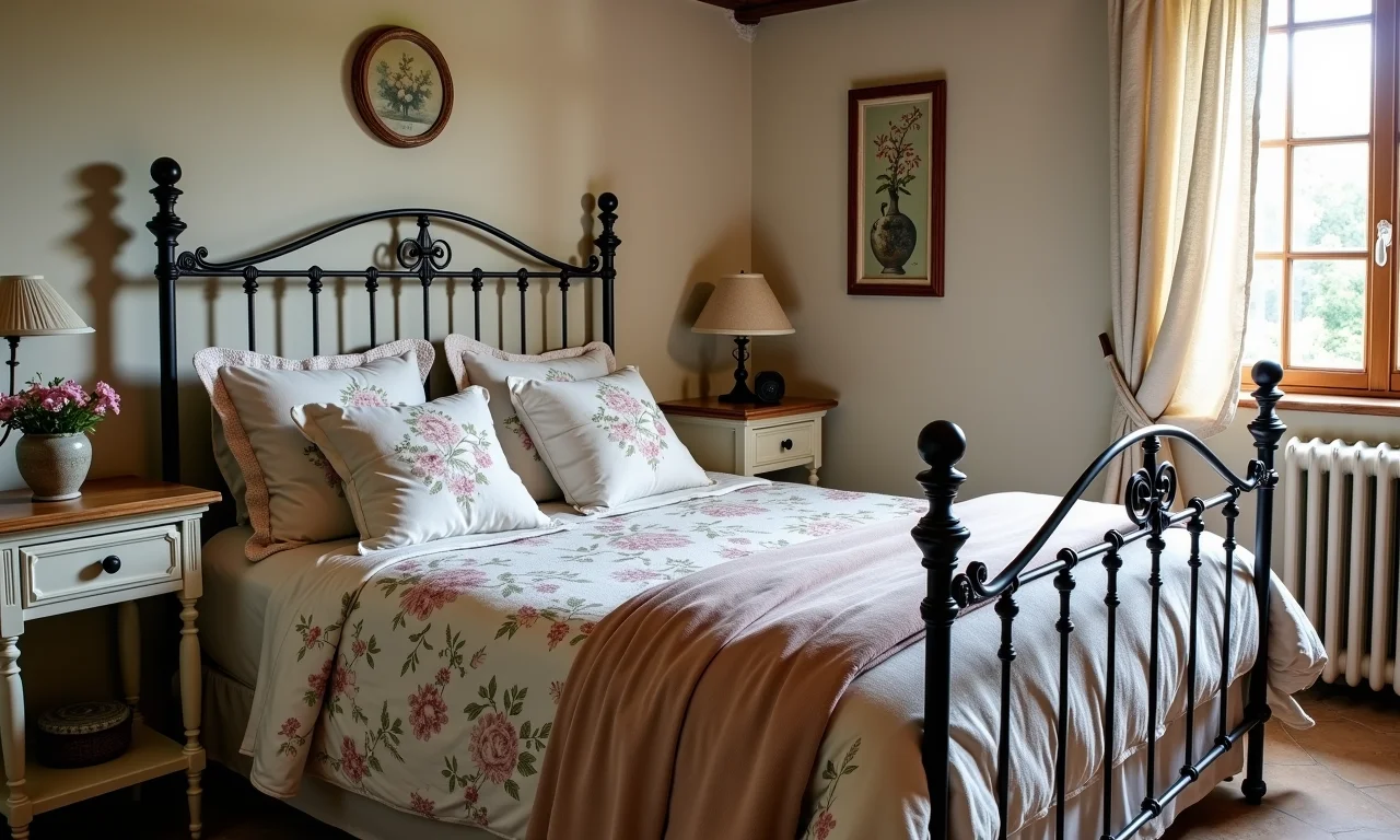 Cama de ferro em quarto provençal com roupa de cama floral.