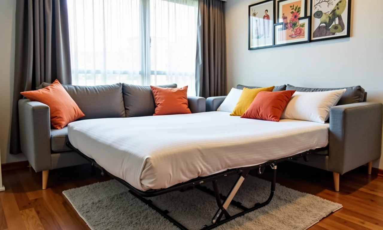 Cama retrátil com sofá em apartamento studio.