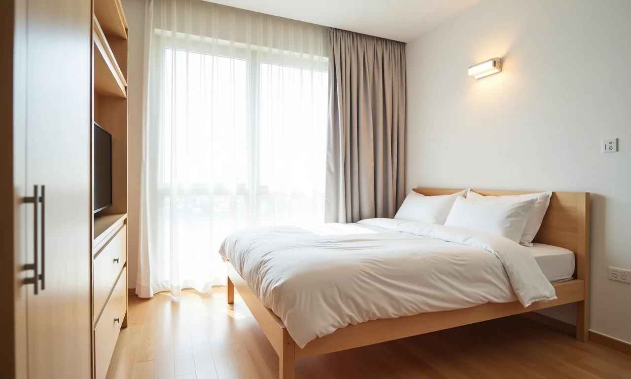 Cama retrátil de solteiro em studio pequeno.