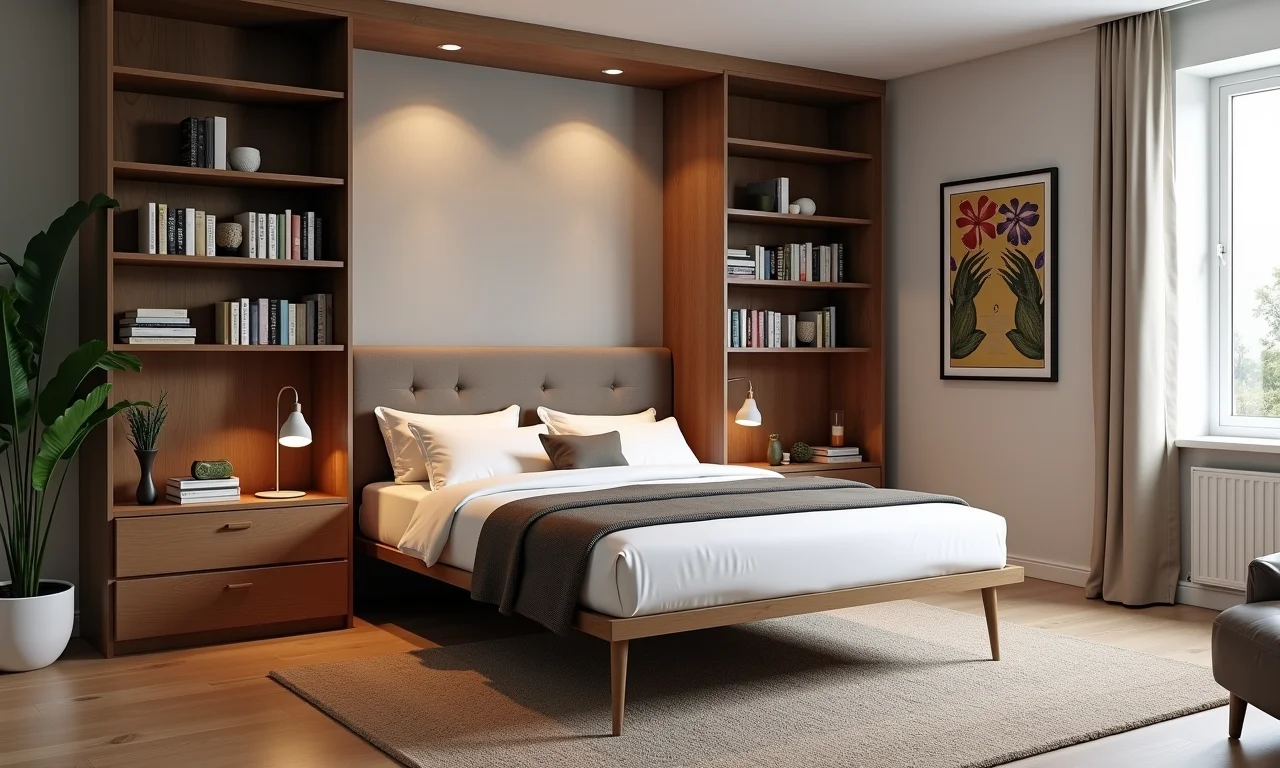 Cama retrátil horizontal discreta em sala de estar.