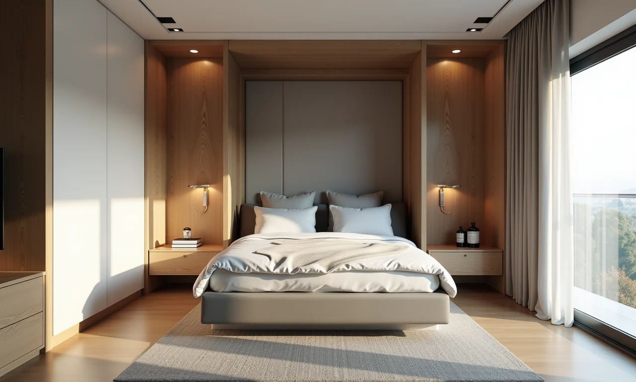 Cama retrátil vertical integrada em apartamento moderno.