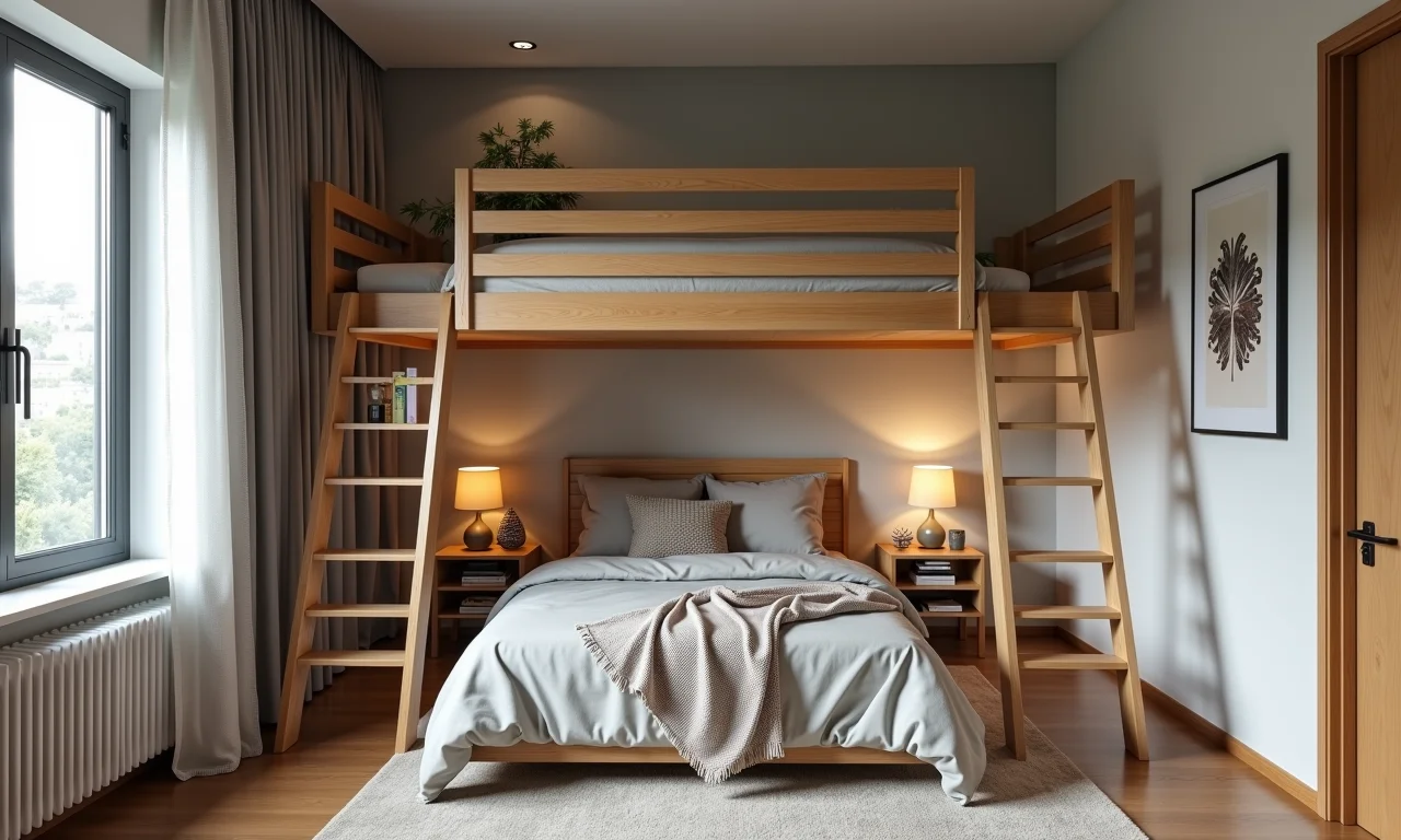 Cama suspensa otimizando o espaço em um pequeno studio com decoração brasileira.