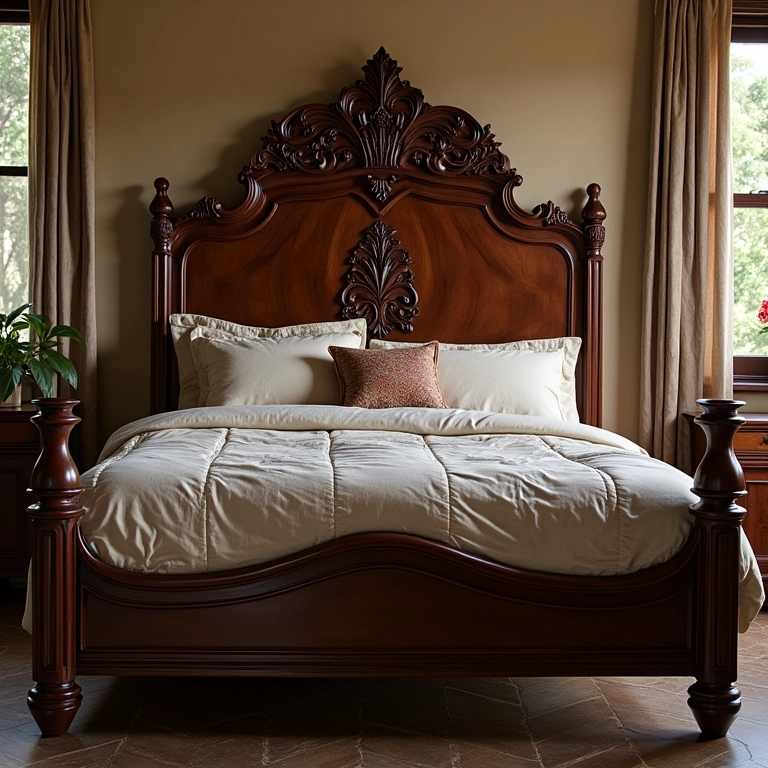Cama tradicional de madeira escura com cabeceira entalhada.