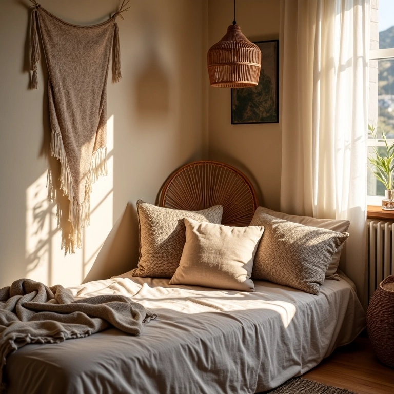 Cantinho aconchegante com almofadas em quarto boho.