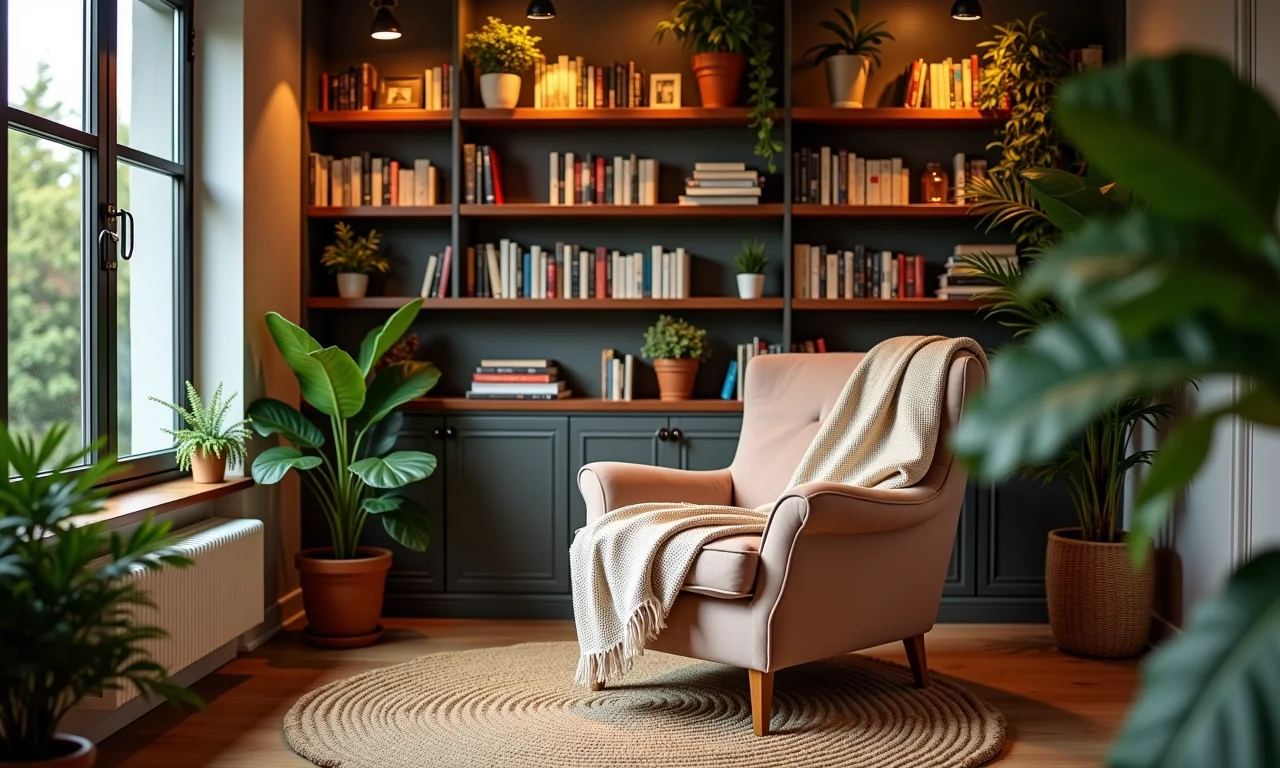 Cantinho de leitura aconchegante com poltrona confortável e iluminação quente.