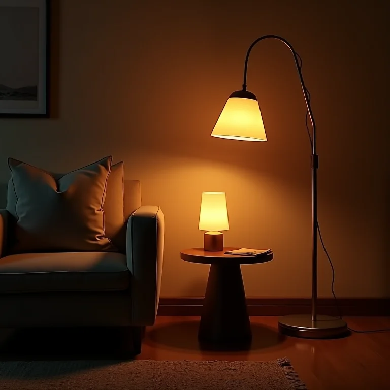 Canto aconchegante com iluminação quente em sala boho