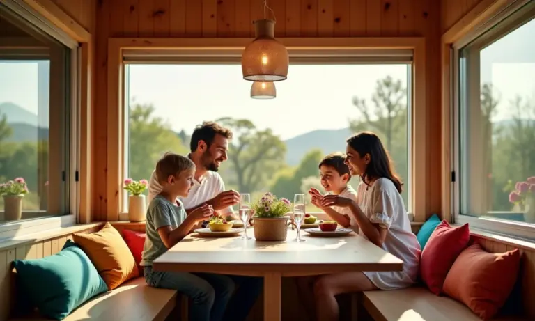 Canto alemão moderno com família desfrutando refeição em ambiente vibrante e aconchegante.