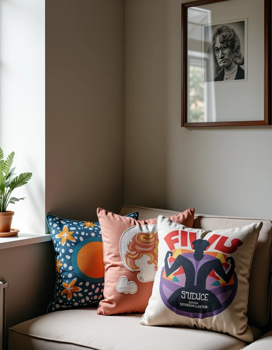 Canto de quarto com almofadas temáticas de música e filmes.