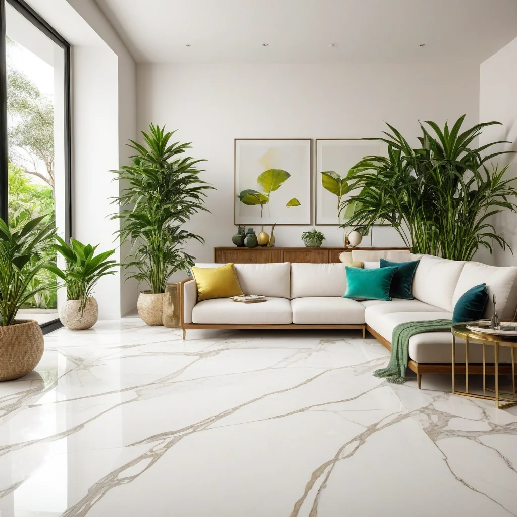 Canto de sala de estar com porcelanato Calacatta e decoração brasileira vibrante.