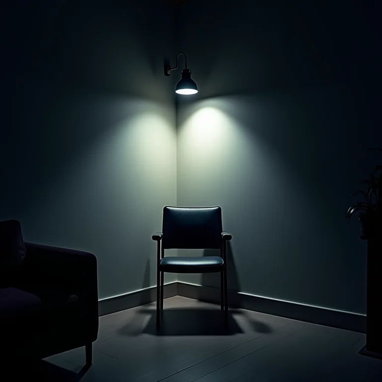 Canto de sala iluminado por luz fria e impessoal.