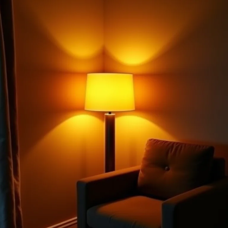 Canto de sala iluminado por luz quente e acolhedora.