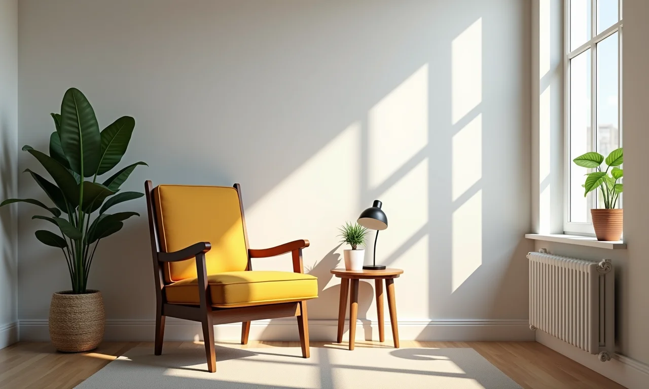 Canto de um quarto com uma cadeira clássica, mesa pequena e luminária.