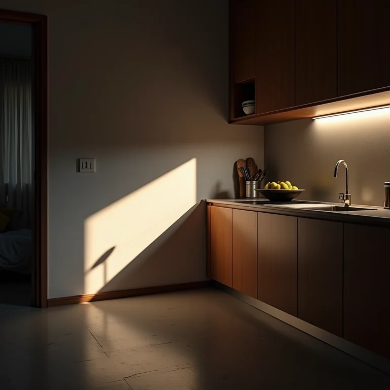 Canto mal iluminado em cozinha americana moderna.