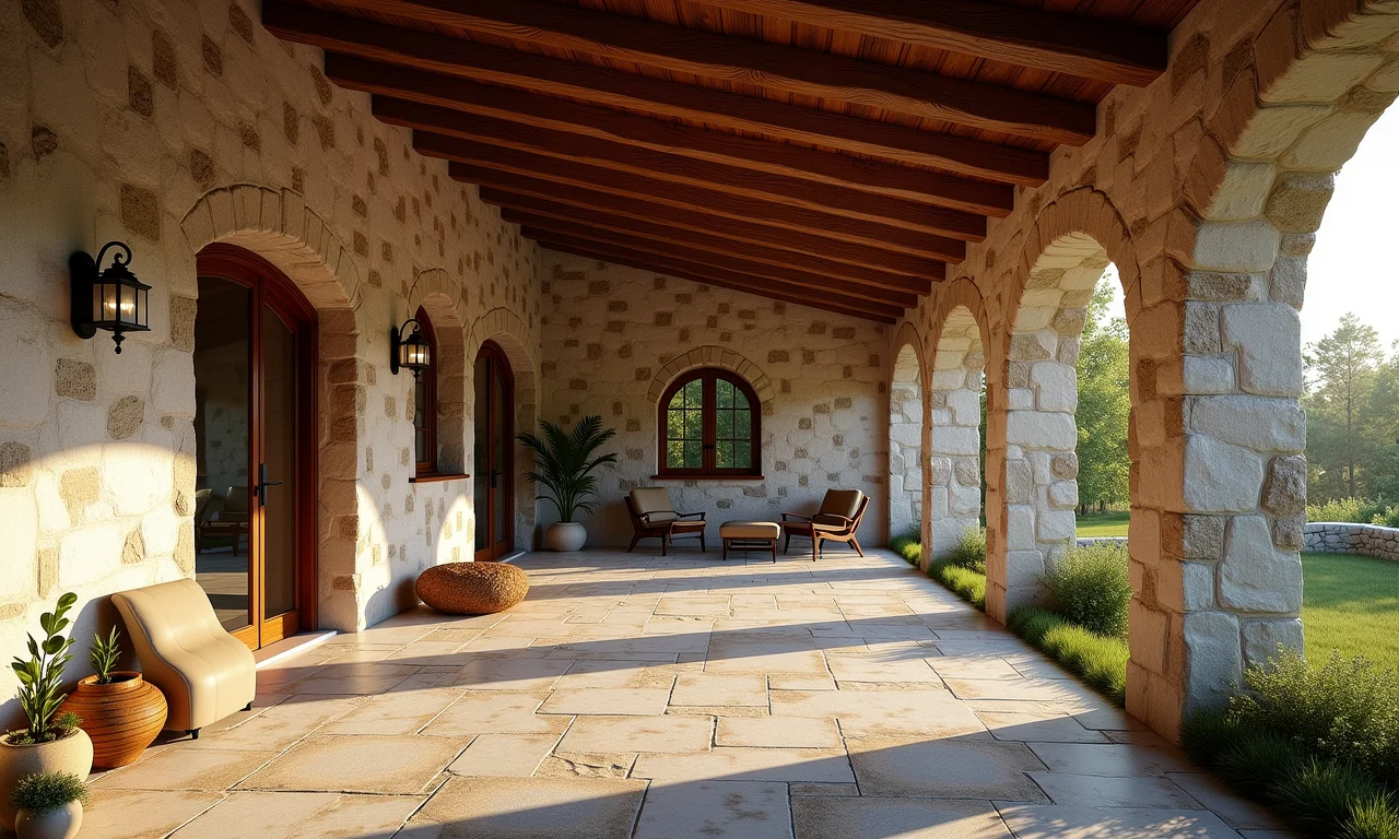 Casa de campo em arquitetura rústica com paredes de pedra e vigas de madeira.