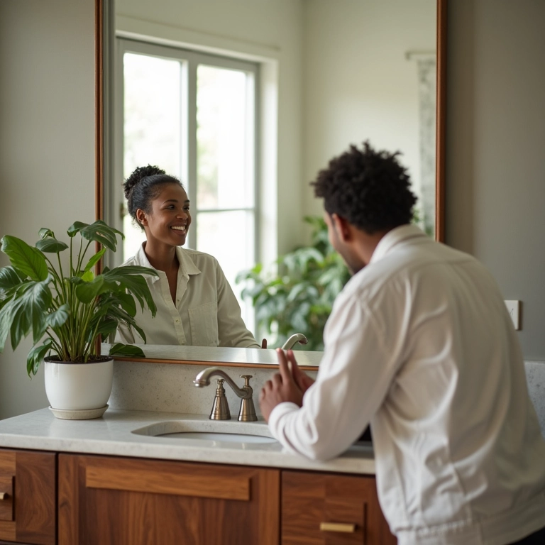 Casal se preparando em banheiro com duas cubas, sem pressa, aproveitando o espaço.