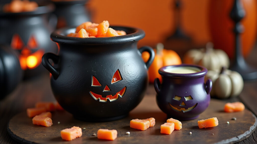Cauldron pot, Halloween candy, spooky decor, party setting, festive, lifestyle photography, 8K Panela caldeirão decorada para festa de Halloween.