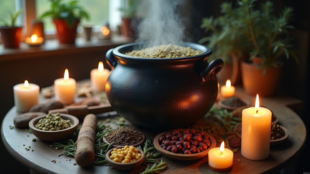 Cauldron pot, herbs, candles, altar, esoteric practice, soft light, mystical, lifestyle Panela caldeirão em ritual esotérico com ervas.