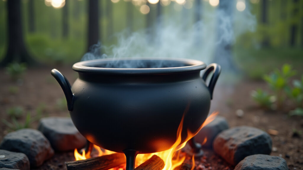 Cauldron pot over campfire, outdoor cooking, smoky, natural light, Brazilian landscape, lifestyle Panela caldeirão sendo usada para cozinhar em fogueira.