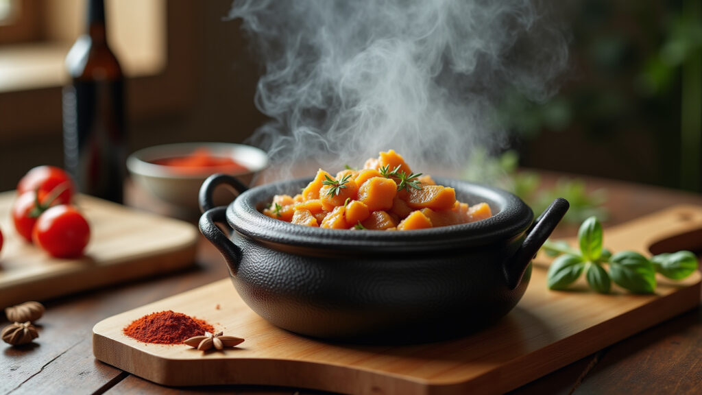 Cauldron pot, smoking food, wooden table, Brazilian spices, close-up, natural light, lifestyle Defumação de alimentos em panela caldeirão.