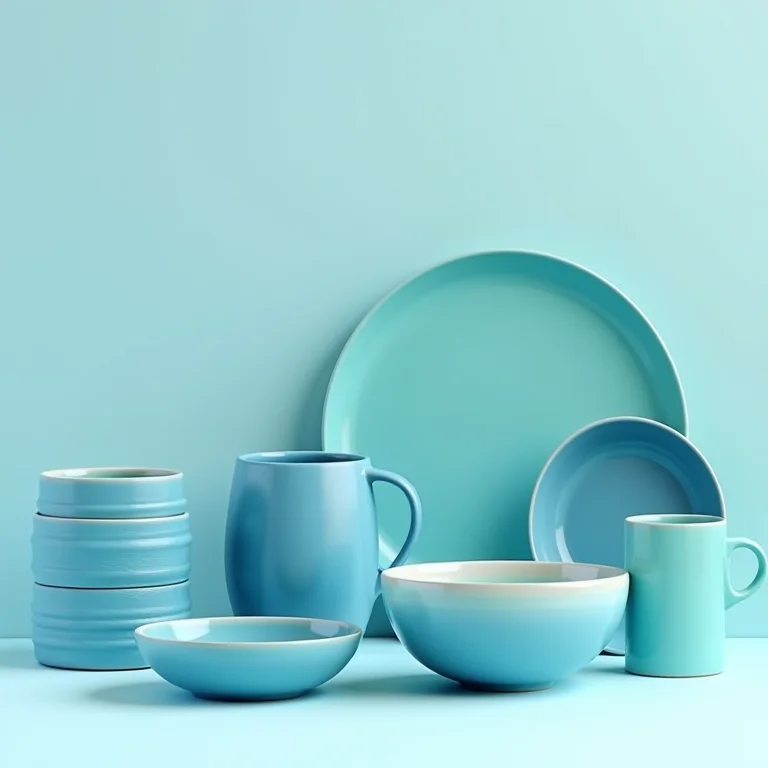 Cerâmicas em tons de azul e turquesa que remetem ao mar mediterrâneo