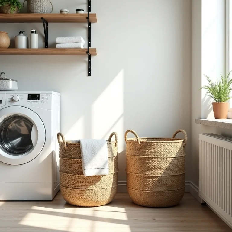 Cestos organizadores de vime para roupas e acessórios em lavanderia.