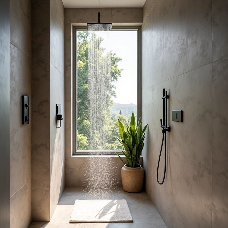 Chuveiro elétrico inteligente com opções de economia de energia em banheiro brasileiro.