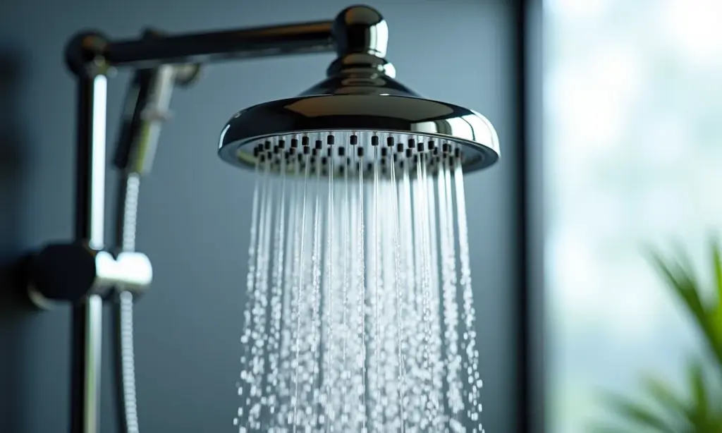 Chuveiro moderno com pressurizador em ação, água com alta pressão.