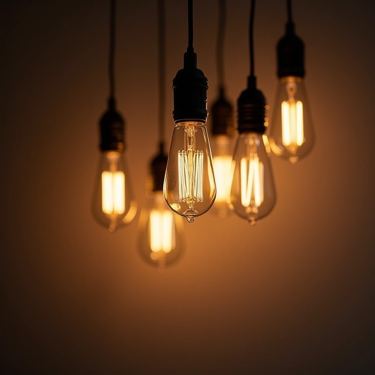 Close-up de um pendente com diferentes tipos de lâmpadas. Compatibilidade.