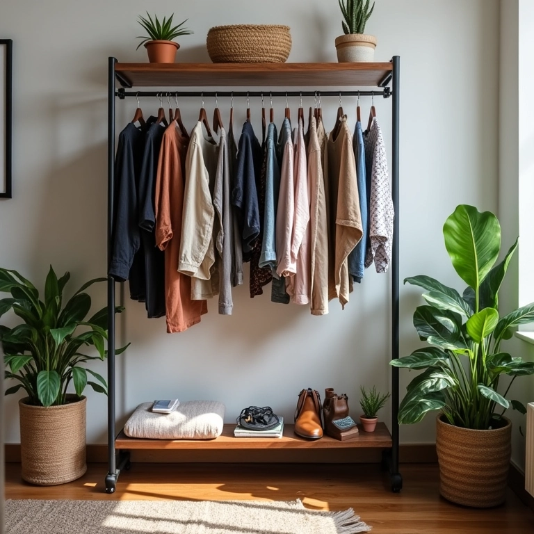 Closet estiloso e econômico com arara de roupas.